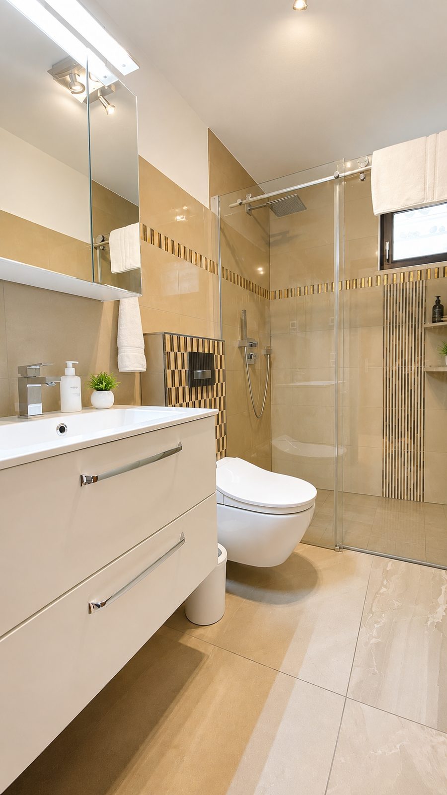 Lichte moderne badkamer in staand formaat met wastafel met lades, hangtoilet, grote inloopdouche met glazen wand en een decoratieve plant