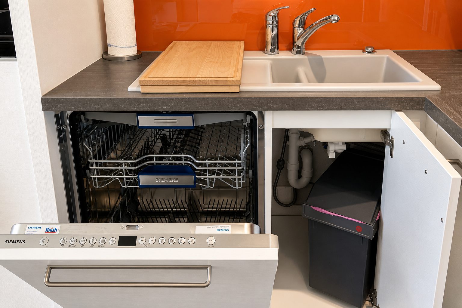 Spoelgedeelte van de keuken met geopende vaatwasser, spoelbak met kraan, houten snijplank en afvalscheidingssysteem in de onderkast