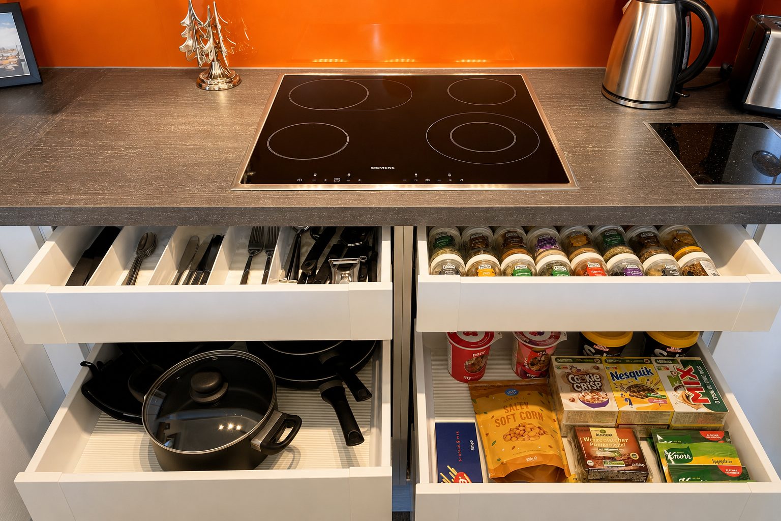 Inductiekookplaat met twee geopende lades eronder, gevuld met bestek, pannen, kruiden en voorraad, daarnaast een waterkoker