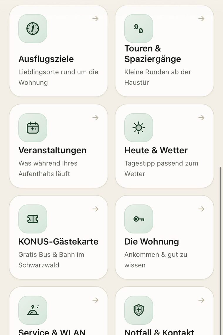 Aperçu des tuiles du guide numérique avec excursions, promenades, événements et météo