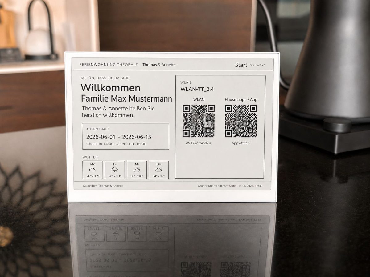 Ecran d'information de l'appartement avec exemple pour séjour, météo, Wi-Fi et guide numérique